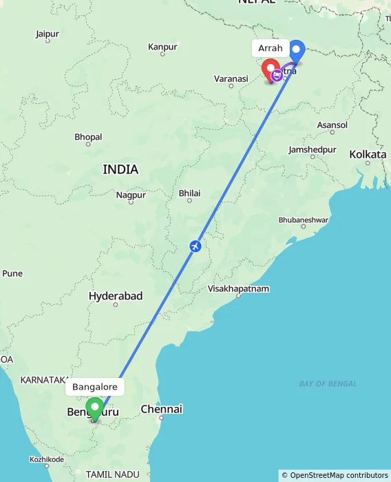 Route map showing distance and travel time from Bangalore, India to Arrah, India