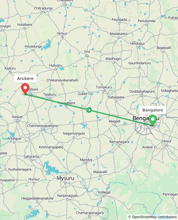 Route map showing distance and travel time from Bangalore, India to Arsikere, India