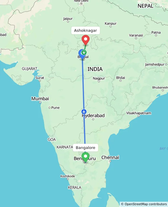 Route map showing distance and travel time from Bangalore, India to Ashoknagar, India