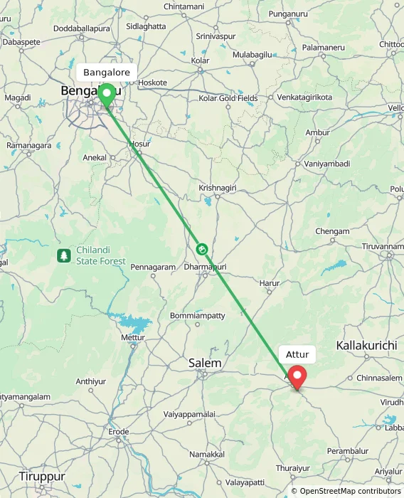 Route map showing distance and travel time from Bangalore, India to Attur, India