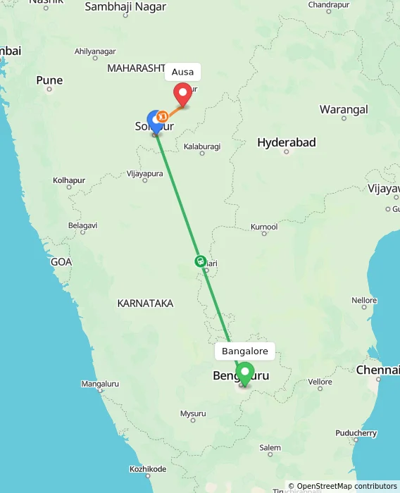 Route map showing distance and travel time from Bangalore, India to Ausa, India