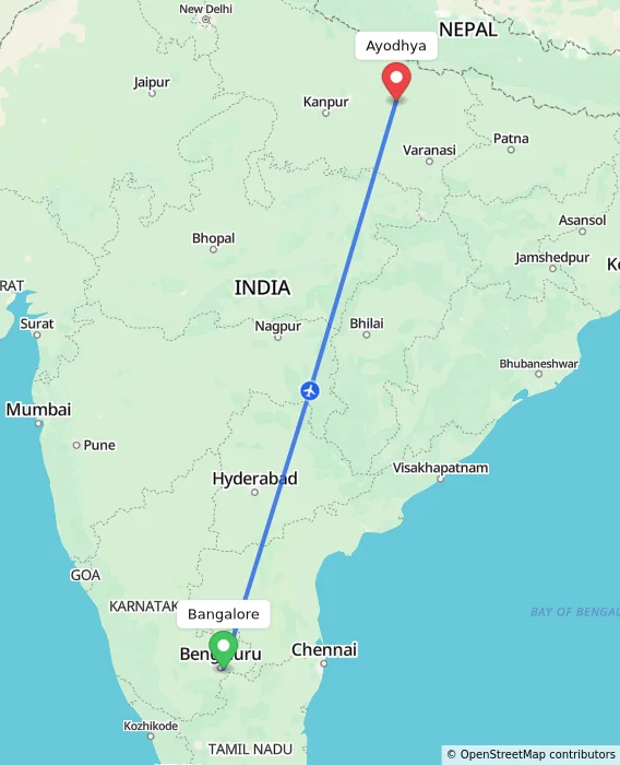 Route map showing distance and travel time from Bangalore, India to Ayodhya, India