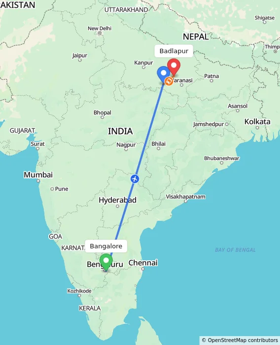 Route map showing distance and travel time from Bangalore, India to Badlapur, India