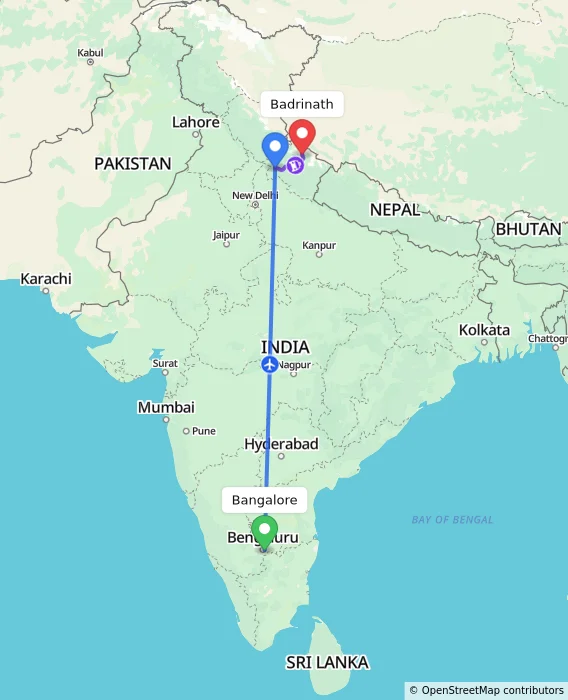 Route map showing distance and travel time from Bangalore, India to Badrinath, India