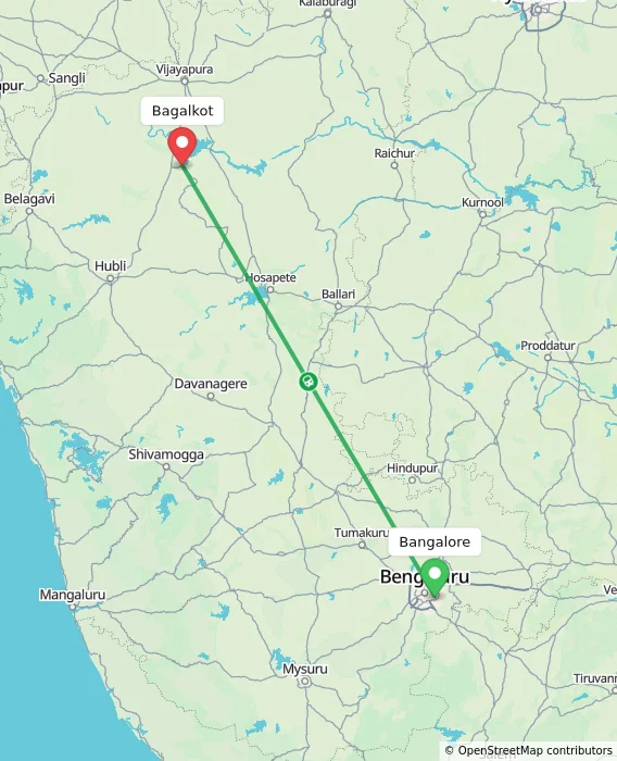 Route map showing distance and travel time from Bangalore, India to Bagalkot, India