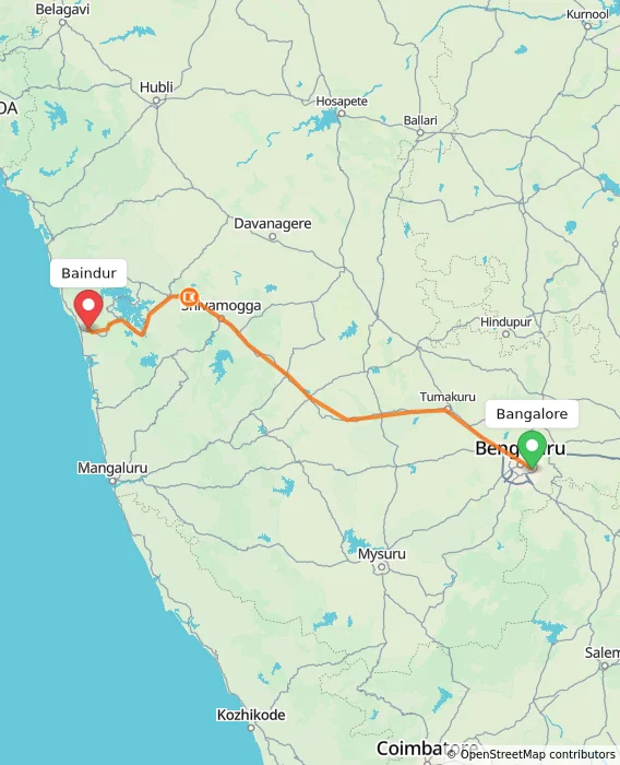 Route map showing distance and travel time from Bangalore, India to Baindur, India