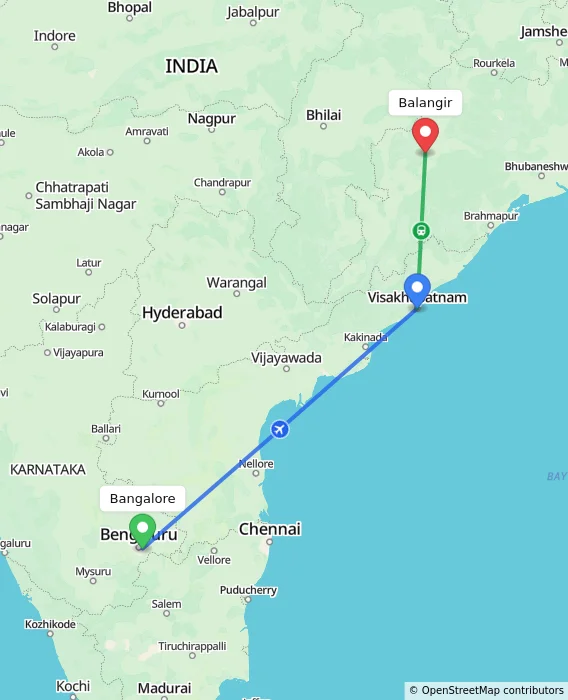 Route map showing distance and travel time from Bangalore, India to Balangir, India