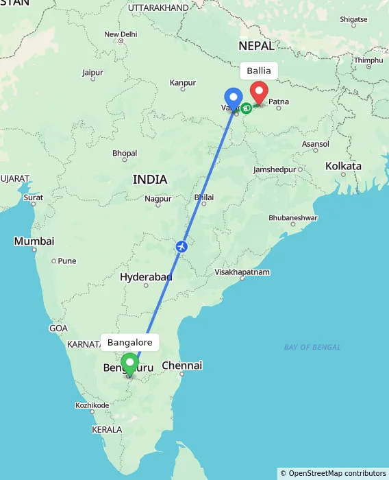 Route map showing distance and travel time from Bangalore, India to Ballia, India