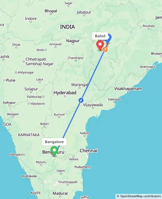 Route map showing distance and travel time from Bangalore, India to Balod, India