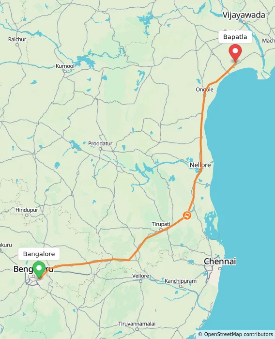 Route map showing distance and travel time from Bangalore, India to Bapatla, India