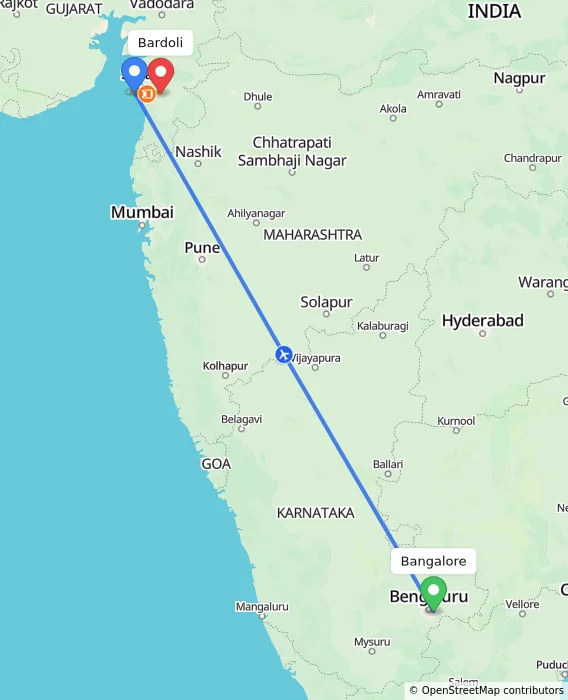 Route map showing distance and travel time from Bangalore, India to Bardoli, India