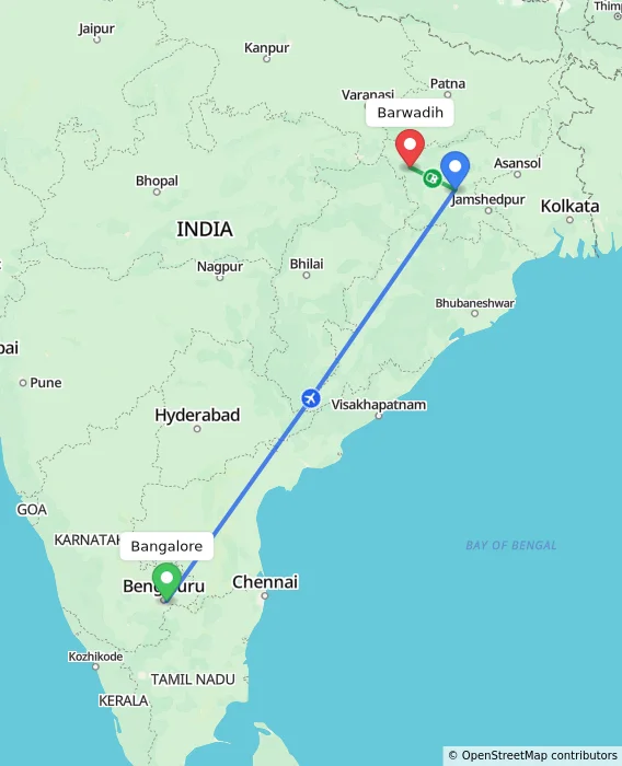 Route map showing distance and travel time from Bangalore, India to Barwadih, India