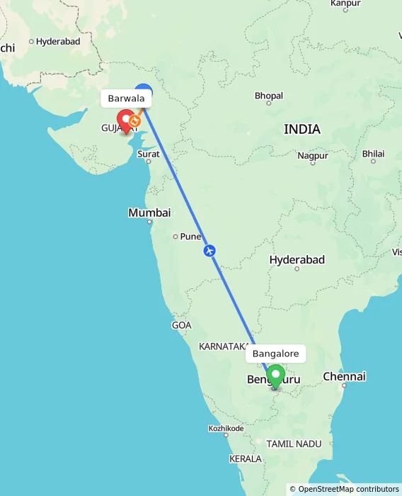 Route map showing distance and travel time from Bangalore, India to Barwala, India