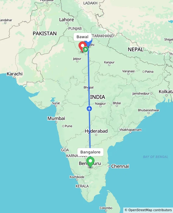 Route map showing distance and travel time from Bangalore, India to Bawal, India