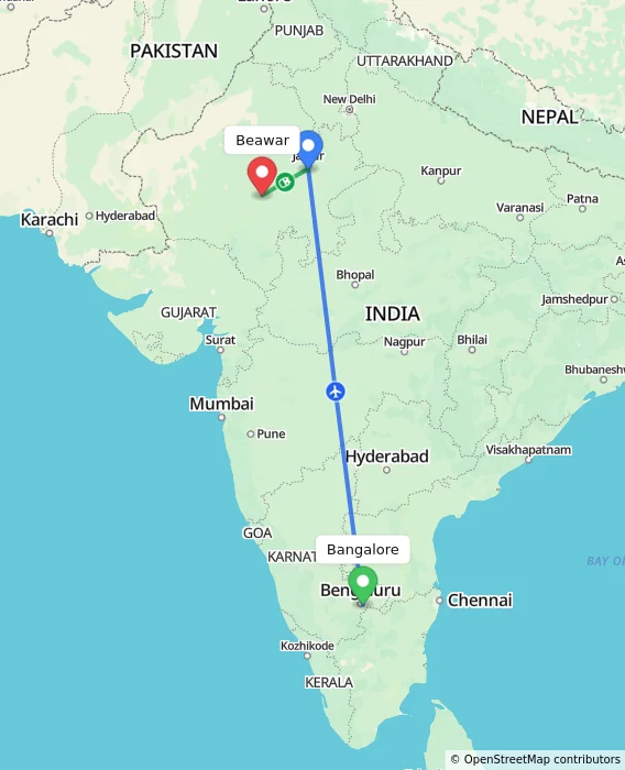 Route map showing distance and travel time from Bangalore, India to Beawar, India