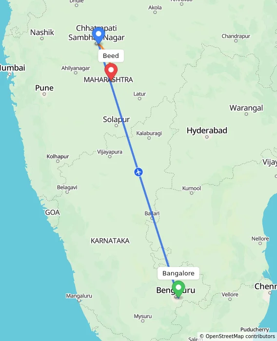 Route map showing distance and travel time from Bangalore, India to Beed, India
