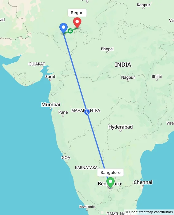 Route map showing distance and travel time from Bangalore, India to Begun, India
