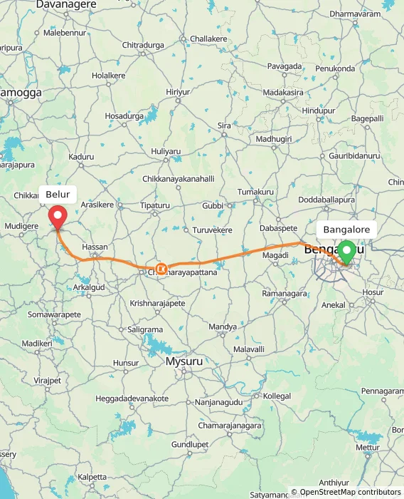 Route map showing distance and travel time from Bangalore, India to Belur, India
