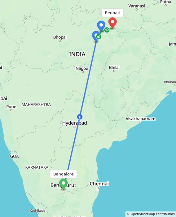 Route map showing distance and travel time from Bangalore, India to Beohari, India