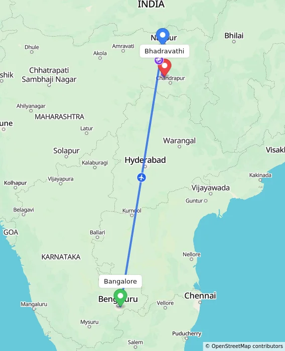 Route map showing distance and travel time from Bangalore, India to Bhadravathi, India