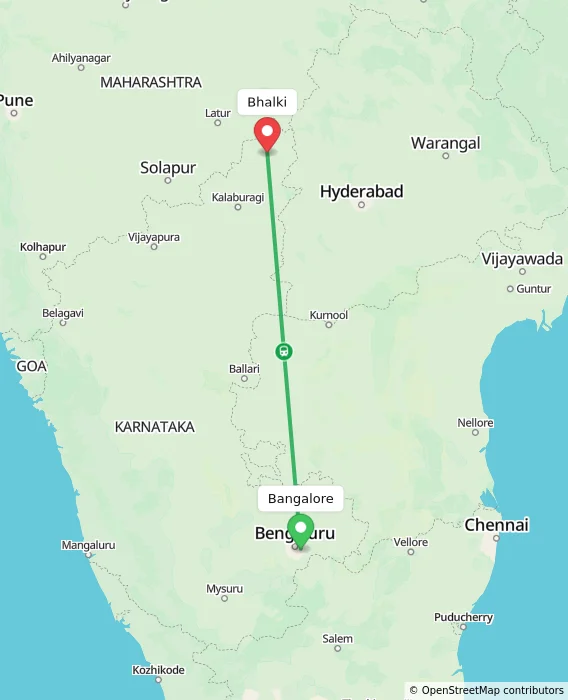 Route map showing distance and travel time from Bangalore, India to Bhalki, India