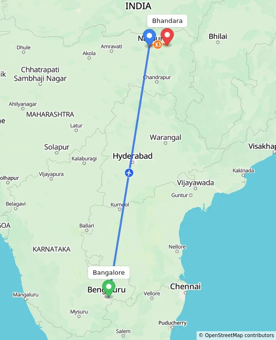 Route map showing distance and travel time from Bangalore, India to Bhandara, India