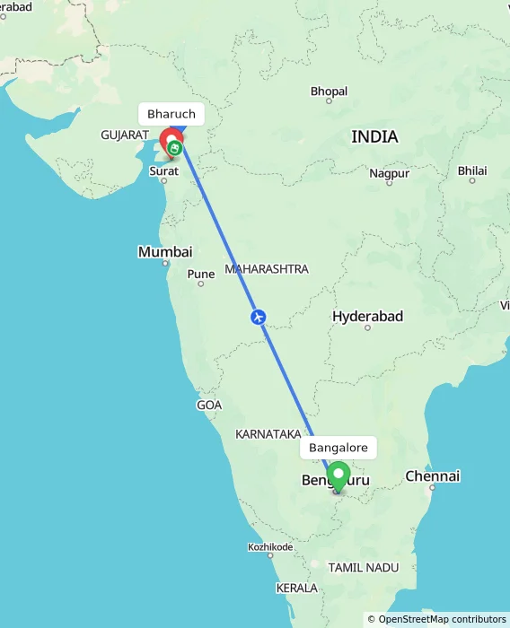 Route map showing distance and travel time from Bangalore, India to Bharuch, India