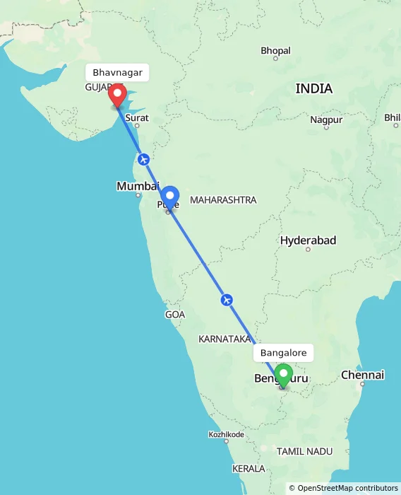 Route map showing distance and travel time from Bangalore, India to Bhavnagar, India