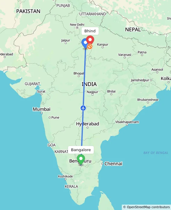 Route map showing distance and travel time from Bangalore, India to Bhind, India