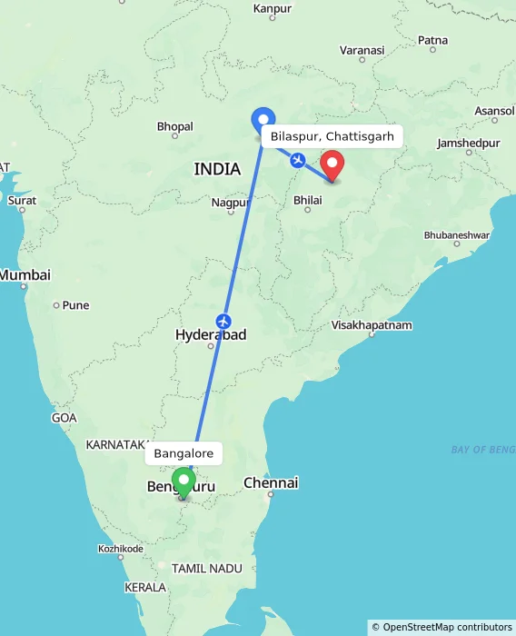 Route map showing distance and travel time from Bangalore, India to Bilaspur, Chattisgarh, India
