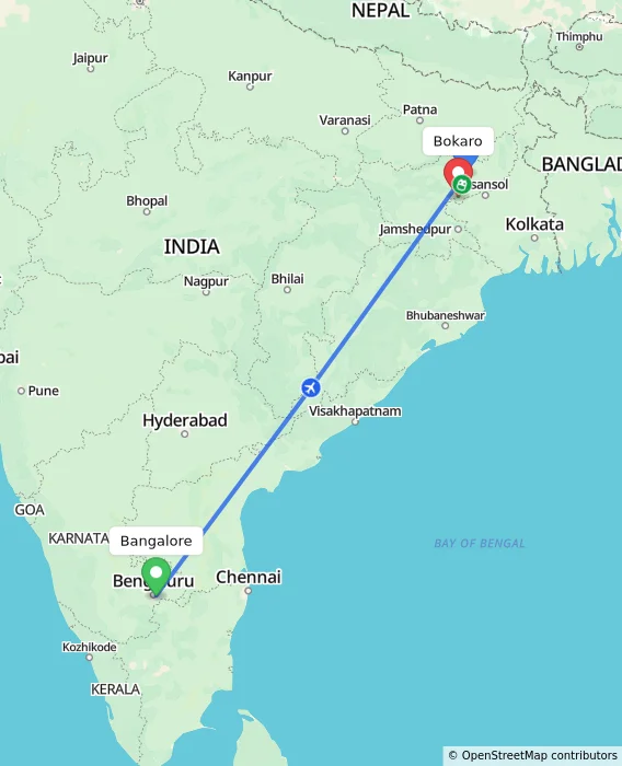 Route map showing distance and travel time from Bangalore, India to Bokaro, India