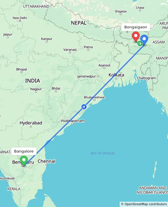 Route map showing distance and travel time from Bangalore, India to Bongaigaon, India