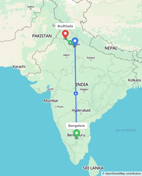 Route map showing distance and travel time from Bangalore, India to Budhlada, India