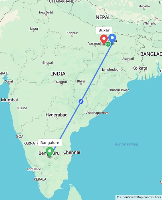 Route map showing distance and travel time from Bangalore, India to Buxar, India