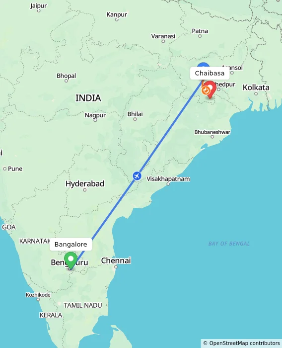 Route map showing distance and travel time from Bangalore, India to Chaibasa, India