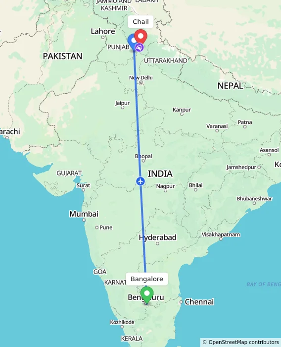 Route map showing distance and travel time from Bangalore, India to Chail, India