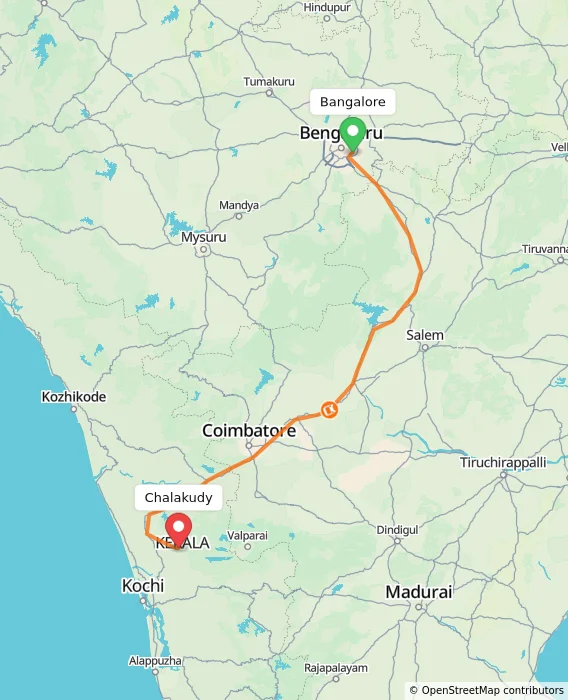 Route map showing distance and travel time from Bangalore, India to Chalakudy, India