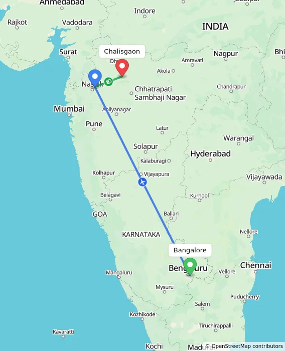 Route map showing distance and travel time from Bangalore, India to Chalisgaon, India