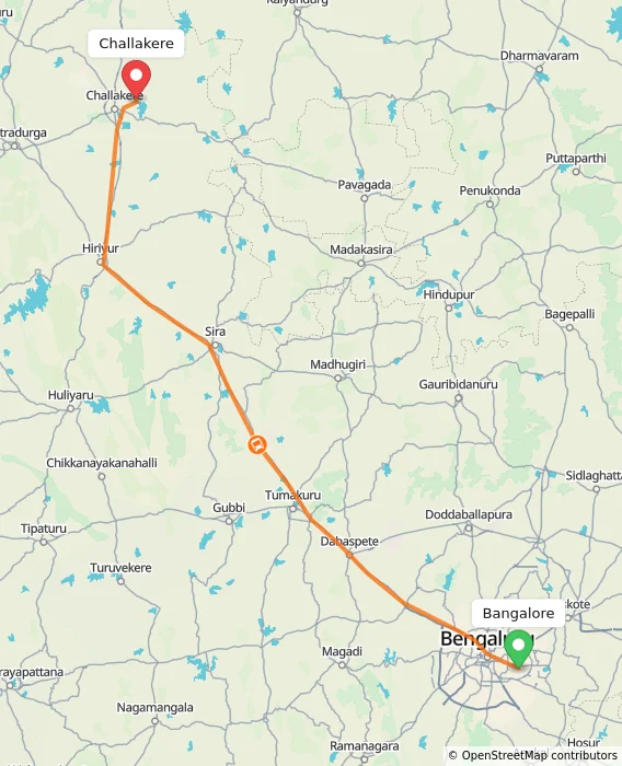 Route map showing distance and travel time from Bangalore, India to Challakere, India