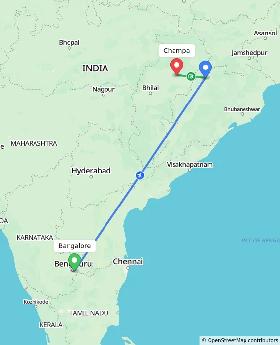 Route map showing distance and travel time from Bangalore, India to Champa, India