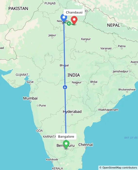 Route map showing distance and travel time from Bangalore, India to Chandausi, India