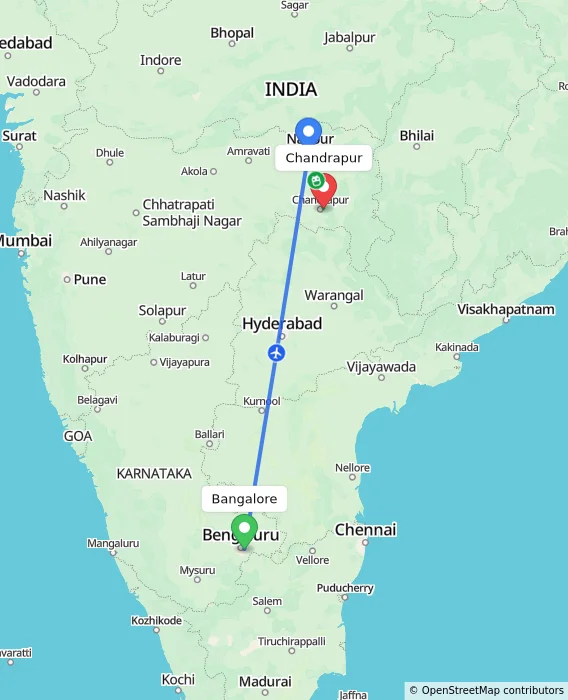 Route map showing distance and travel time from Bangalore, India to Chandrapur, India