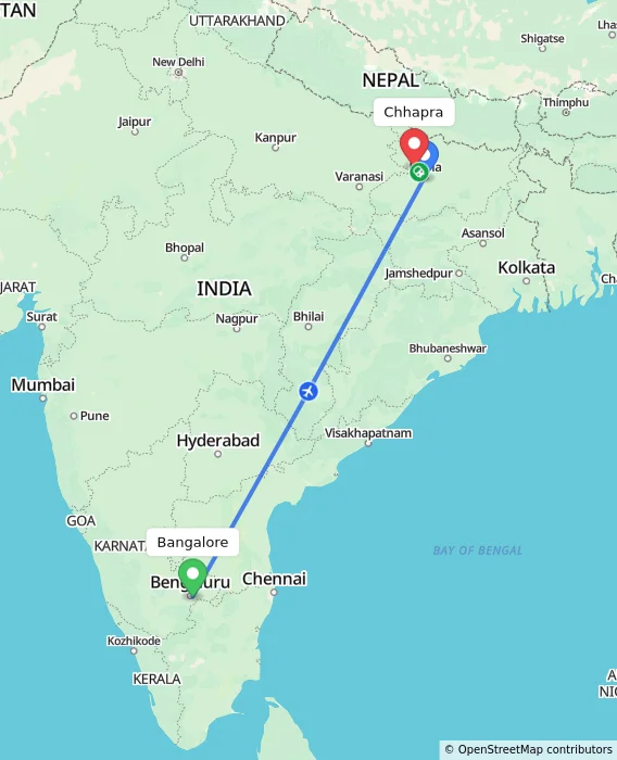 Route map showing distance and travel time from Bangalore, India to Chhapra, India