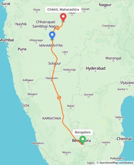 Route map showing distance and travel time from Bangalore, India to Chikhli, Maharashtra, India