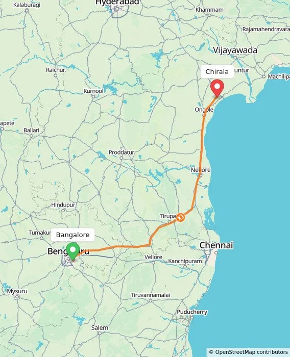 Route map showing distance and travel time from Bangalore, India to Chirala, India