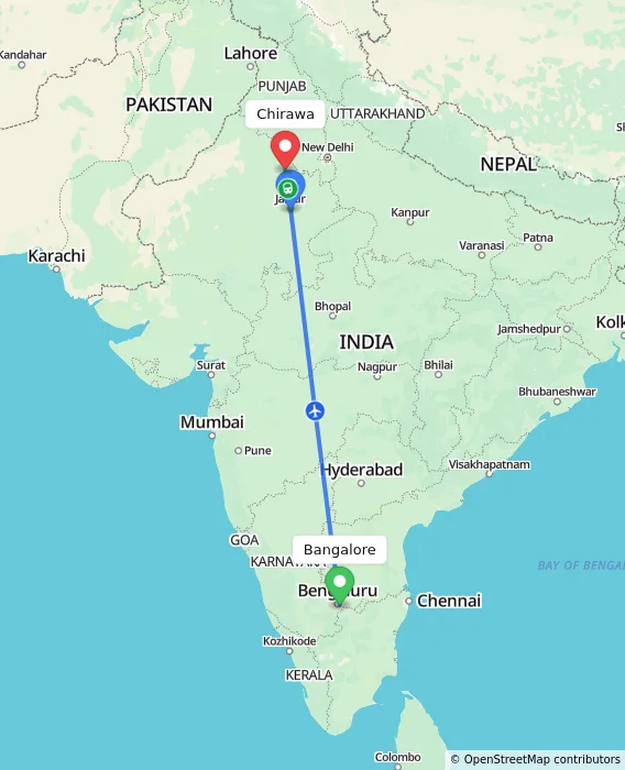 Route map showing distance and travel time from Bangalore, India to Chirawa, India