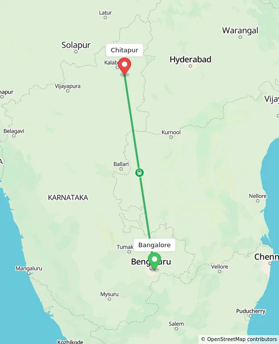 Route map showing distance and travel time from Bangalore, India to Chitapur, India