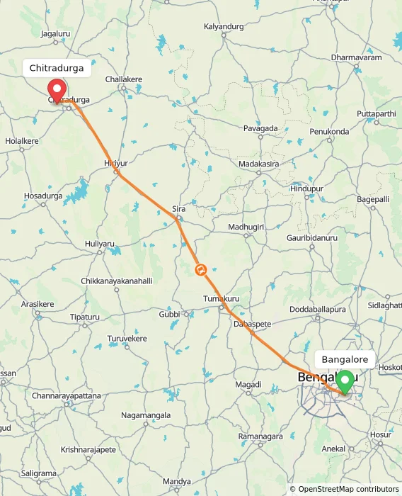 Route map showing distance and travel time from Bangalore, India to Chitradurga, India
