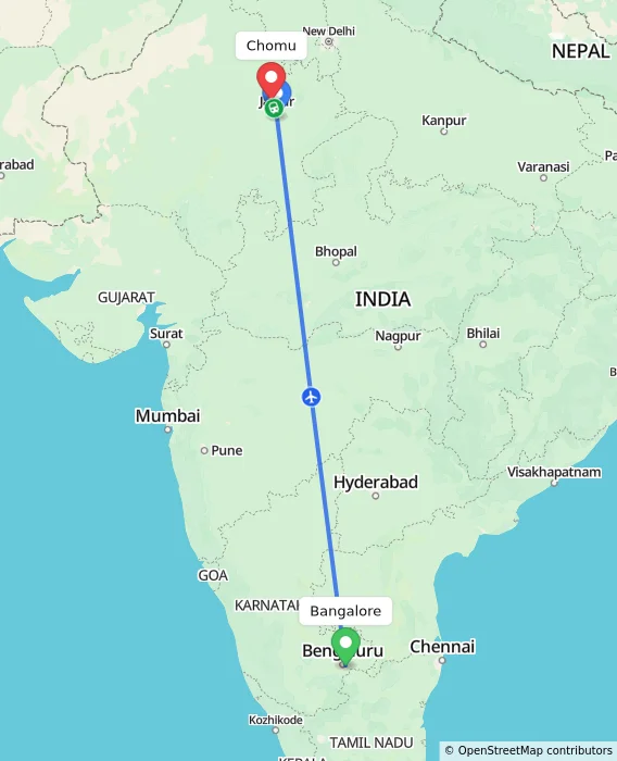 Route map showing distance and travel time from Bangalore, India to Chomu, India