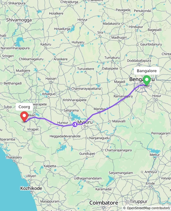Route map showing distance and travel time from Bangalore, India to Coorg, India